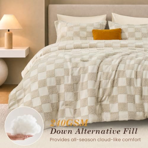 Sasttie Checkered Comforter Queen Set, 3 PC Boho Bedding, Tufted Bed, Beige