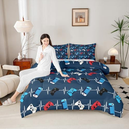 Castle Fairy Red Blue Gamer Comforter Set,Video Game Gamepad Bedding Set for Kids Girls Boys,Teens Adults Controller Comforter,Gaming Quilted Duvet Set Bedroom Collection Twin Size 2Pcs