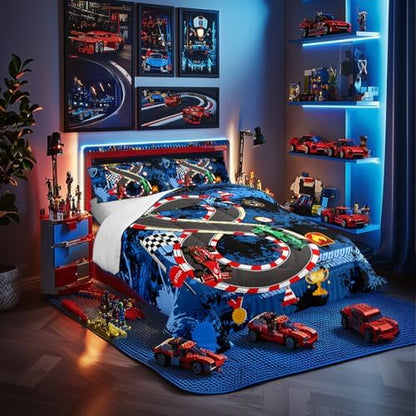 Racing Car Boys Bedding Comforter Sets Toddler,Teens Cartoon Extreme Sports Race Car Bedding Set for Bedroom Decoration,Retro Wheel Print Graffiti Racing Competition Kids Quilt Comforter Bedroom Decor