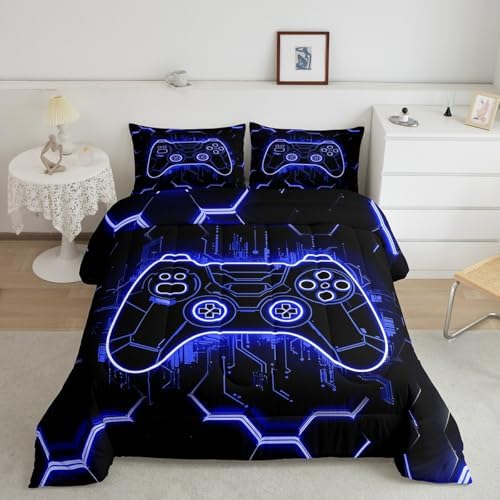 Feelyou Kids Blue Gamer Comforter Set Toddler Size, Honeycomb Gaming Comforter Boys Girls Modern Game Console Bedding Set Game Teens Duvet Set Bedroom Decor with 1 Pillow Case