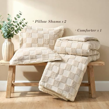 Sasttie Full Comforter Set, 3 PC Boho Tufted Bed, Checkered Bedding, Beige