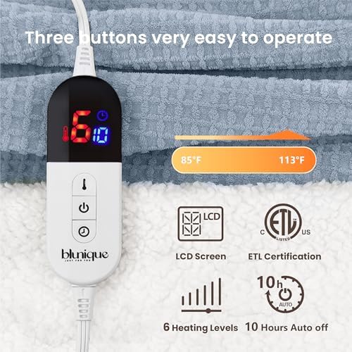 Heated Blanket Electric Blanket Twin Waffle, 62x84 Inches Sherpa Fleece Fast Heating Blanket 6 Heating Levels & 10 Hours Auto Off ETL Certification,Haze Blue Twin