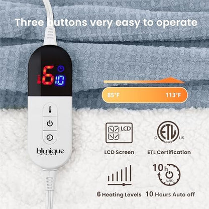 Electric Blanket Striped Twin, 72x84 Inches Sherpa Fleece Fast Heating Blanket 6 Heating Levels & 10 Hours Auto Off ETL Certification,Haze Blue Full