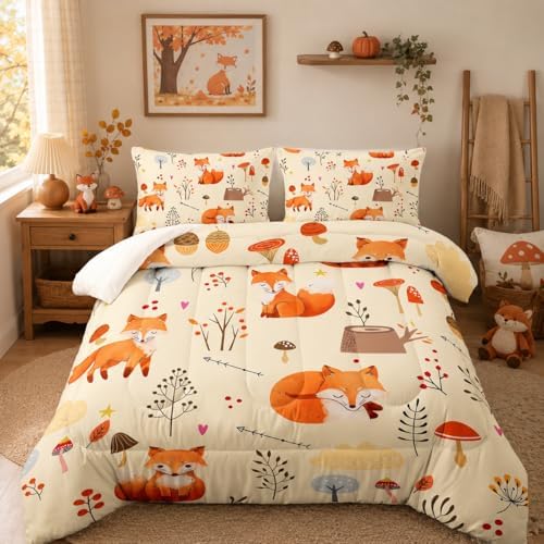 Nttopship Cartoon Fox Comforter Set King，Cute Fox Bedding Set 3-Pieces Quilt Set 3D Animal Plants Leaves Printed Theme Bedding Set for Boys Girls Animal Bedroom Decor Comforter with 2 Pillowcases