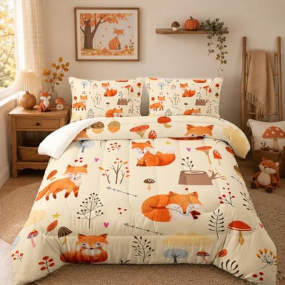 Nttopship Fox Comforter Set Full，Cute Fox Bedding Set 3-Pieces Quilt Set 3D Animal Plants Leaves Printed Theme Bedding Set for Boys Girls Kids Bedroom Decor Comforter with 2 Pillowcases