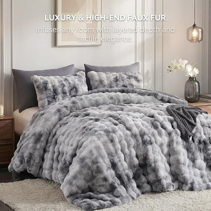 Smoofy Fluffy Faux Rabbit Fur Bubble Comforter California King-Tie Dye Grey