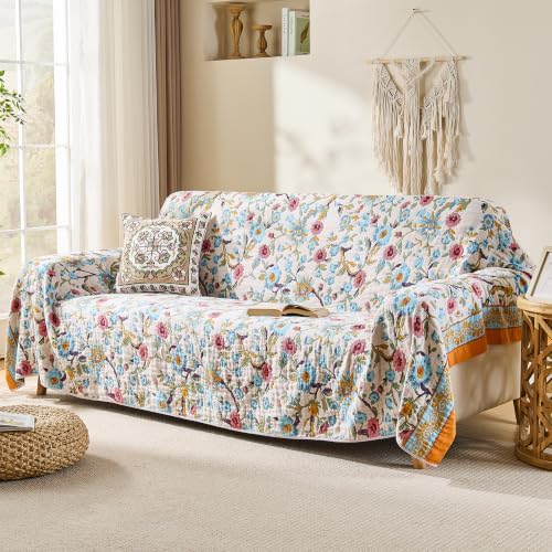 VANJOROY King Boho Throw Blanket, 100% Organic Cotton Breathable Skin-Friendly Ultra Soft 91" x 98" Bed Quilt Throw - Floral Rustic Decor Luxury Reversible Blanket for Sofa Couch Chair and Gift
