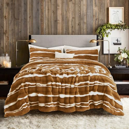 Wonderful 3 Pieces Fluffy Faux Rabbit Fur Comforter Set Queen Size, Caramel Plush Fuzzy Bedding Set, Animal Stripes Design Warm Soft Comforter Bedding Set for All Season,90"x94"