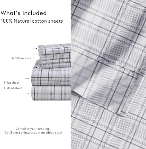 RUVANTI 100% Cotton Percale King Sheets, King Size Sheets Set, Open Check