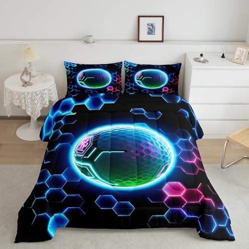 Erosebridal 3D Golf Bedding Full,Sports Decor Comforter Set Neon Geometric Honeycomb Bed Sets Cool Gamer Style Duvet Insert 3 Pieces