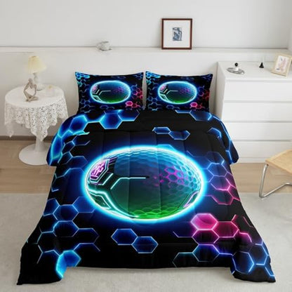 Erosebridal 3D Golf Bedding Full,Sports Decor Comforter Set Neon Geometric Honeycomb Bed Sets Cool Gamer Style Duvet Insert 3 Pieces