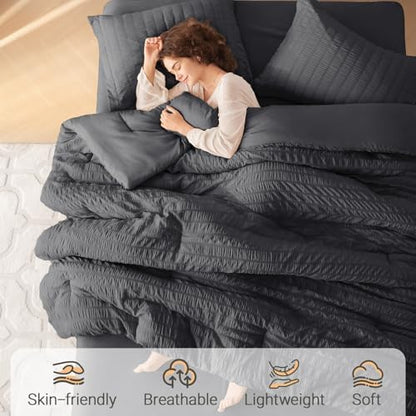 MUXHOMO 7 Pieces Oversized Queen Comforter Set, Seersucker Bed in a Bag Oversized Queen Size, All Season Luxury Bedding Set with Comforter, Flat Sheet, Fitted Sheet, Pillowcases & Shams, Dark Grey