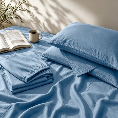 MEISHANG 100% French Linen Sheets Queen,4 Pcs,16" Deep Pocket