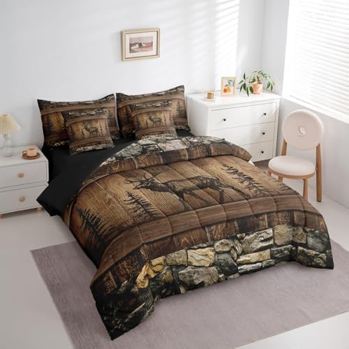 Erosebridal Deer Moose Bed in A Bag 7 Piece Twin Rustic Cabin Lodge Comforter Set for Kids Adults Woodland Hunting Wildlife Animal Bedding Country Farmhouse Bedding Comforter Sets Brown