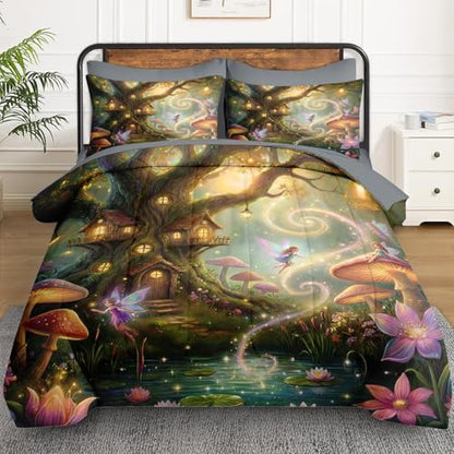 WeCozy Full Comforter Set with Sheets, 7 Pieces Fairy Mushroom Bedding