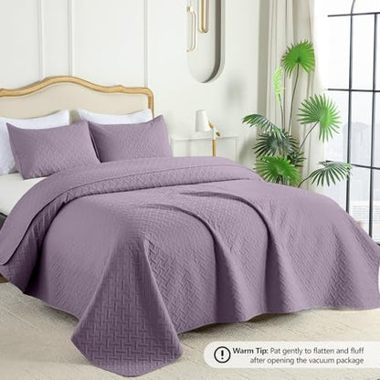 FLYMME Quilts King Size,Lightweight Grayish Purple Bedspreads,Basket Weave Pattern,Ultra Soft Microfiber Bed Coverlet 3 Pieces for All-Seasons (1 Quilt,2 Pillow Shams)