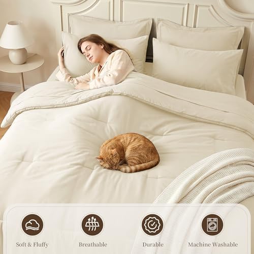 Oversized Queen Comforter Set 7 Piece - Soft Bed in a Bag Queen Size Comforter Sets, Cozy Bedding Sets with All Season Comforter, Flat Sheet, Fitted Sheet,2 Pillowcases & 2 Shams, Beige