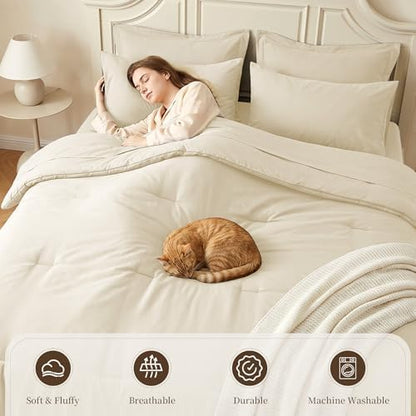 California King Size Comforter Set 7 Pieces - Soft Bed in a Bag King Bed Set, Cozy Luxury Bedding Sets with All Season Comforter, Flat Sheet, Fitted Sheet, 2 Pillowcases & 2 Shams, Beige