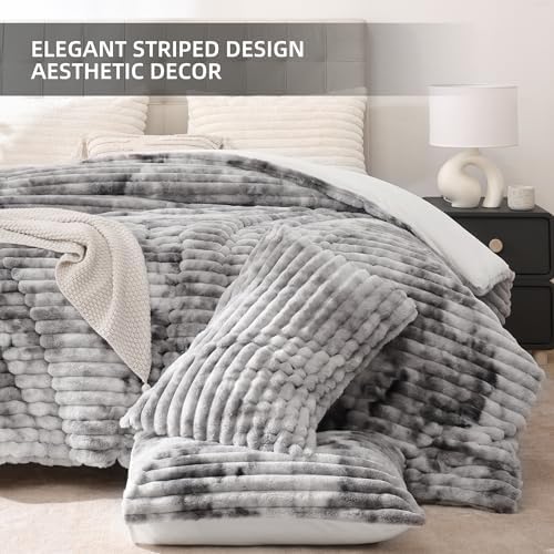 Smoofy Fluffy Queen Size Comforter 3 PCS - Tie Dye Grey Fleece Bedding Set