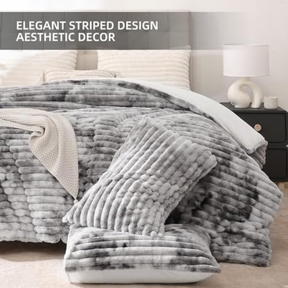 Smoofy Fluffy Queen Size Comforter 3 PCS - Tie Dye Grey Fleece Bedding Set