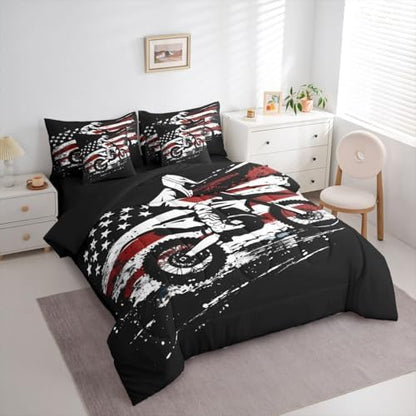 Feelyou Dirt Bike Comforter Set with Sheets 7 Piece King Size Splatter Print Bedding Set for Kids Boys Girls Off-Road Racing Bed in a Bag Outdoor Sports Room Decor Motocross Rider Soft Lightweight