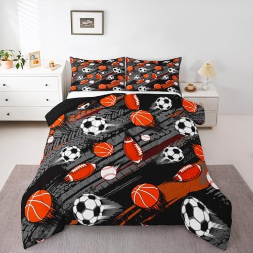 Homewish Sports Theme Full Size Comforter Set,Soccer Football Bedding Set for Adults Teens,Children Baseball Basketball Comforter Luxury Sports Gaming Quilt Set Room Decor 3Pcs