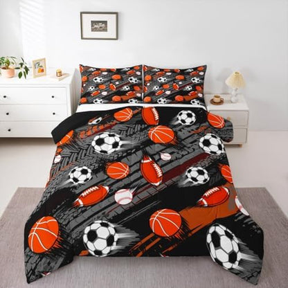 Homewish Sports Theme Full Size Comforter Set,Soccer Football Bedding Set for Adults Teens,Children Baseball Basketball Comforter Luxury Sports Gaming Quilt Set Room Decor 3Pcs
