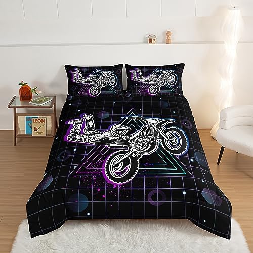 HOSIMA Motorcycle Racer Comforter Extreme Sports Theme Bedding Set for Kids Teens Men, Queen Size, Purple Line Grid Black Comforter with 2 Pillowcases