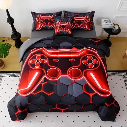 JQinHome Full Size Gaming Bedding Set 6-Piece Comforter for Boys Teens - 3D Video Game Print Bed in a Bag with Sheets, Red Cool Black Design (Full)