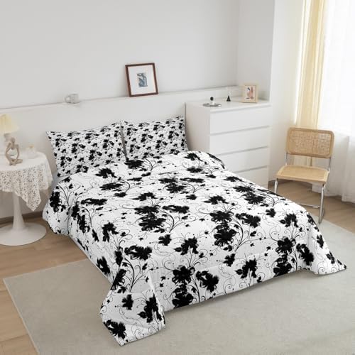 jejeloiu Black Flower Comforter Set Toddler Size Kids Floral Bedding Set for Boys Girls Teens Botanical Duvet Breathable Minimalist Aesthetics Quilt Bedroom Decor,1 Comforter with 1 Pillowcase
