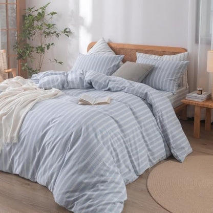 BESTOUCH Striped Cotton Duvet Cover Set Linen Feel California King