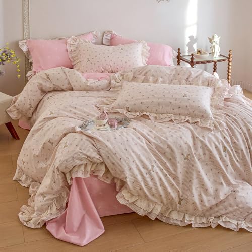 Pink Floral Duvet Cover Queen Size, 100% Cotton Aesthetic Flower Bedding Set with Cute Bear Stripes, Romantic Ruffle Cottagecore Comforter Cover, Girls Princess Lace Duvet Cover with Zipper Closure