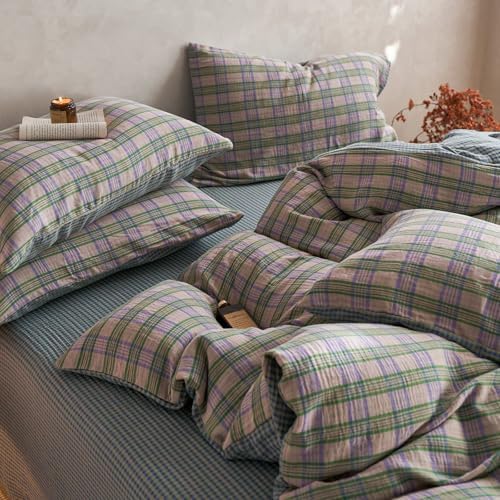 Vintage Buffalo Plaid Gingham Duvet Cover King 100% Cotton Muslin Duvet Cover Retro Green&Pink&Purple Plaid Checkered Comforter Cover with 2 Pillowcases Breathable Gauze Grid Gingham Bedding Set