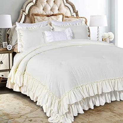 Masaca Shabby King Size Comforter Set, Farmhouse Ivory Bedding Ruffled Comforter Set King,Lightweight Vintage Rustic Bedding 3 Pcs (1 Shabby Comforter and 2 Pillowcases)