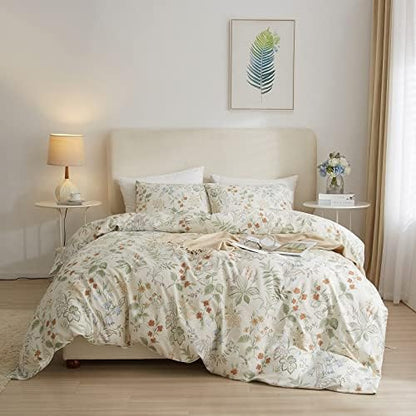 mixinni White Duvet Cover Set with Green Leaves Twin Size 100% Cotton Flower Printed Bedding Set 1 Duvet Cover 2 Pillowcases for Teen Girls, Ultra Soft, Breathable, Comfortable(3pcs, Twin Size)