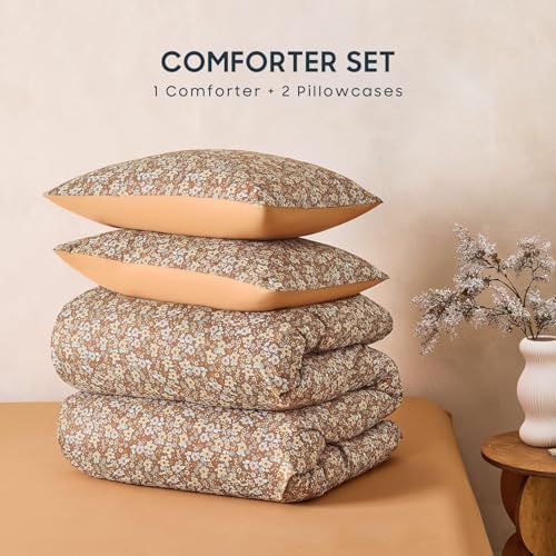 Wake In Cloud - Floral Comforter Set, Cute Vintage Flower Cottagecore Aesthetic for Women Teen Girls, Soft Lightweight Dorm Bedding, 3 Pieces, Rust Brown, Twin/Twin XL Size