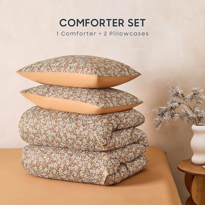 Wake In Cloud - Floral Comforter Set, Cute Vintage Flower Cottagecore Aesthetic for Women Teen Girls, Soft Lightweight Dorm Bedding, 3 Pieces, Rust Brown, Twin/Twin XL Size