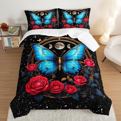 Blue Butterfly Comforter Set Queen Size,Red Rose Comforter Butterfly Bedding Sets for Kids Girls Teens Room Decor Aesthetics,Animal Themed Comforter Floral Bedding Sets with 2 Pillowcases.