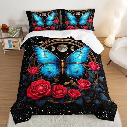 Blue Butterfly Comforter Set King Size,Red Rose Comforter Butterfly Bedding Sets for Kids Girls Teens Room Decor Aesthetics,Animal Themed Comforter Floral Bedding Sets with 2 Pillowcases.