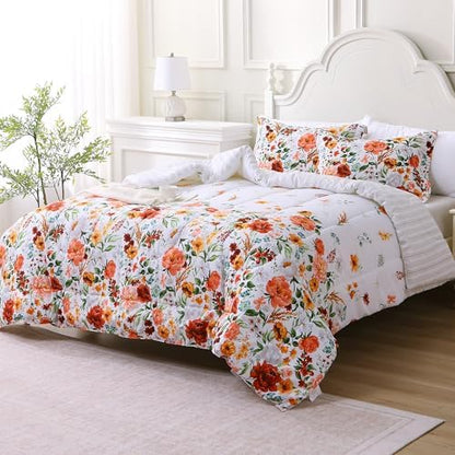 Mooreeke Floral Queen Size Comforter Sets, Vintage Red Blossoms Patterned Bed in a Bag for All Seasons, 3-Piece Farmhouse Rustic Bedding Set with Fluffy Quilted Reversible Comforter & 2 Pillow Shams