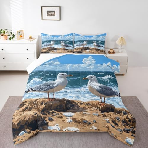 Homewish Cute Seagull Comforter Set King Size,Ocean Animals Bedding Set 3Pcs,Beach Coastal Quilt Set for Kids Boys Girls Teens Room Decor,Sea Blue Oil Painting Art Duvet Insert,2 Pillowcases
