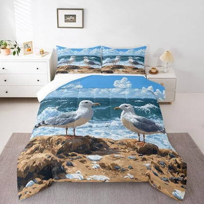 Homewish Cute Seagull Comforter Set King Size,Ocean Animals Bedding Set 3Pcs,Beach Coastal Quilt Set for Kids Boys Girls Teens Room Decor,Sea Blue Oil Painting Art Duvet Insert,2 Pillowcases