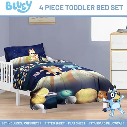 Jay Franco Kids Comforter Set Includes Sheets and Pillow Covers - Soft and Cozy Bed Set for Stylish Room Decor, Blue - Bluey & Bingo, 4 Piece Toddler