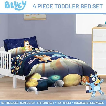 Jay Franco Kids Comforter Set Includes Sheets and Pillow Covers - Soft and Cozy Bed Set for Stylish Room Decor, Blue - Bluey & Bingo, 4 Piece Toddler
