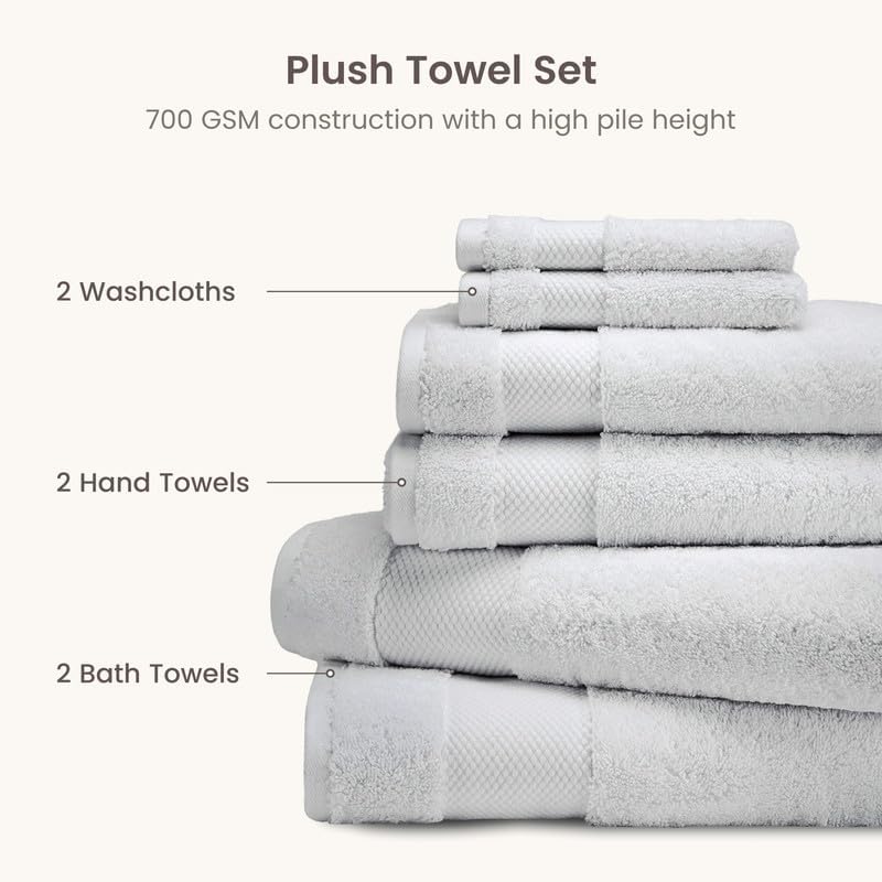 BIOWEAVES 100% Organic Cotton 6-Piece Luxury Bathroom Towels Set GOTS Certified 700 GSM, 2 Bath Towels, 2 Hand Towels & 2 Wash Cloths - Silver