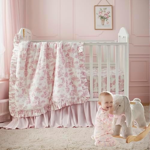 Brandream French Country Toile Crib Bedding Set for Girls Vintage Pink Toile Floral Print 100% Cotton Baby Girl Nursery Bedding Collection - Ruffles Quilt,Toile Crib Sheet,Crib Bed Skirt 3 Pieces