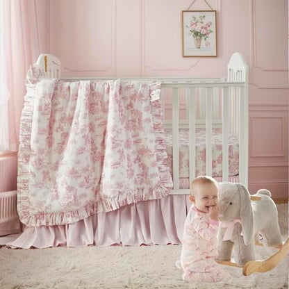 Brandream French Country Toile Crib Bedding Set for Girls Vintage Pink Toile Floral Print 100% Cotton Baby Girl Nursery Bedding Collection - Ruffles Quilt,Toile Crib Sheet,Crib Bed Skirt 3 Pieces