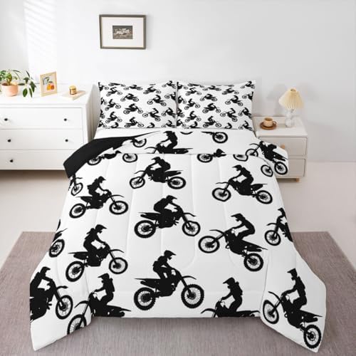 Feelyou Dirt Bike Bedding Set Soft for Boys Girls, Motocross Rider Comforter Set Toddler Sporty Silhouette Design Duvet Quilt Outdoor Sports Bedroom Decor Motorcycle Art 2 Pcs with 1 Pillow Cases