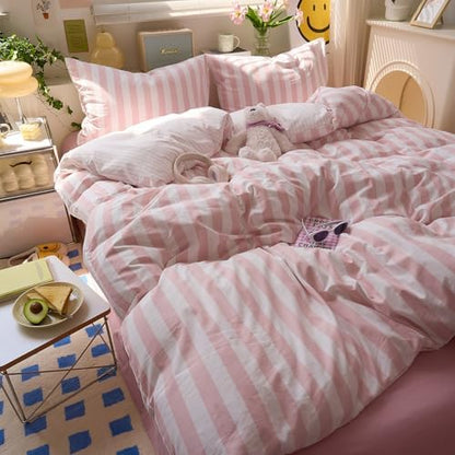 LifeTB Peach Pink Striped Comforter Set Twin XL, 3 Piece Vintage Stripes Pattern Printed Bedding Set, Breathable Soft Farmhouse Striped Bedding Comforter Twin XL, Cozy Lightweight Pink Comforter Set