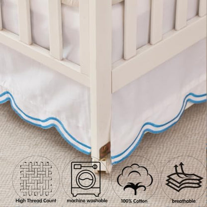 Brandream 100% Organic Cotton Crib Skirt for Baby Boy & Girl, Embroidered Blue Scalloped Edge Crib Dust Ruffle, Soft Breathable Nursery Bedding Decoration, Fits Standard Cribs & Toddler Bed, 16" Drop